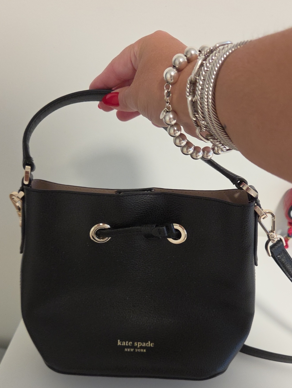 kate spade Black Leather Mini Bucket Bag with Gold Hardware